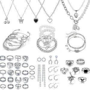 Vintage Silver Jewelry Set 53 pcs Necklace Bracelets Rings Earrings For Women